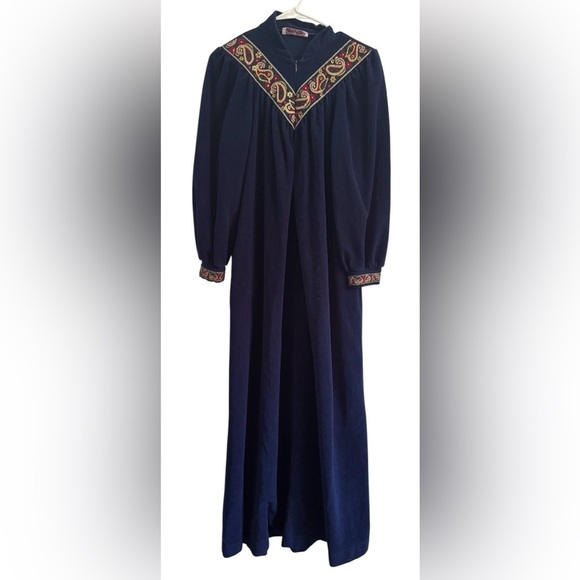 Vintage Vanity Fair Navy Blue Tapestry Detail Pockets Zip House Robe Size Medium - Picture 5 of 9